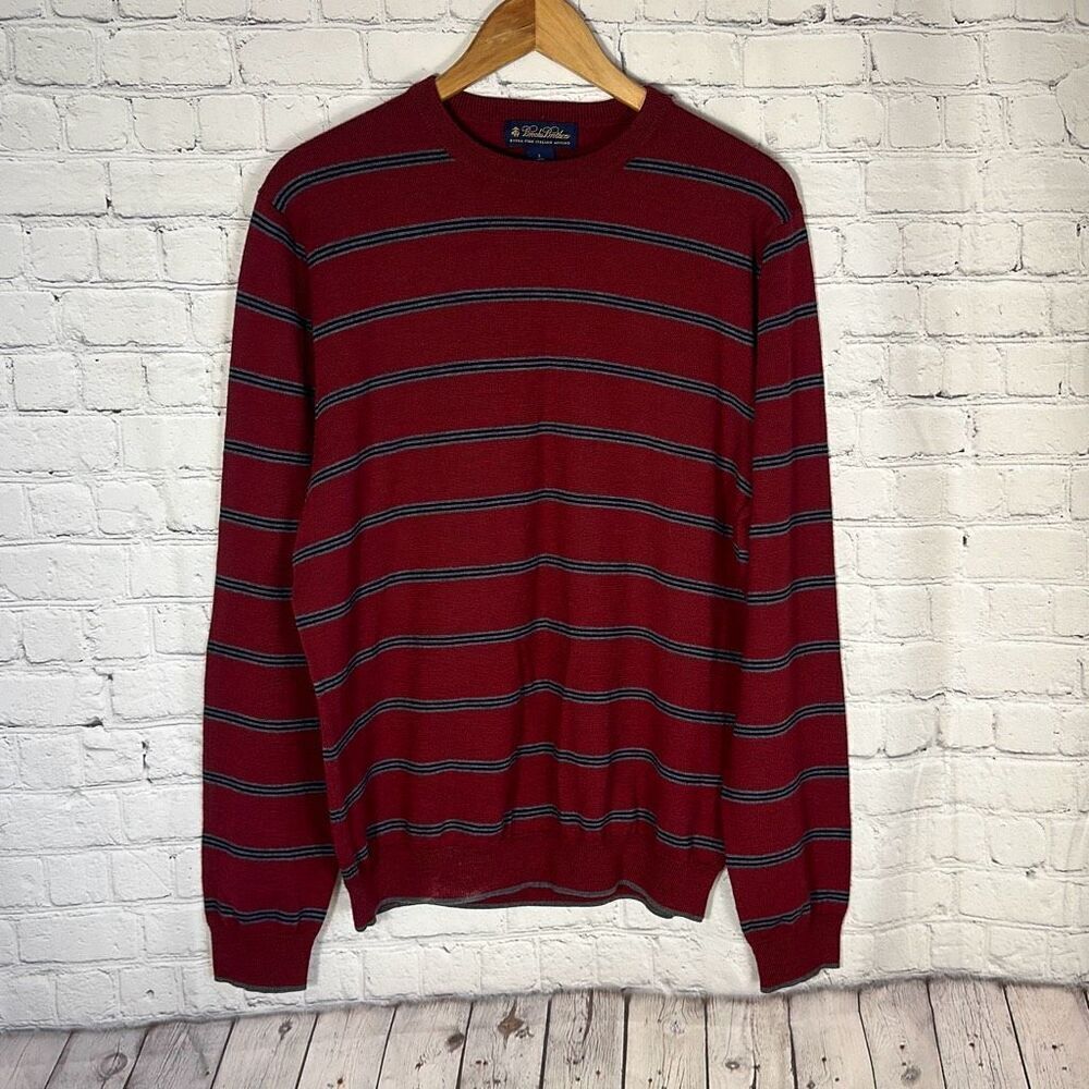 Brooks Brothers Mens Extra Fine Merino Wool Red Blue Gray Striped Sweater size L